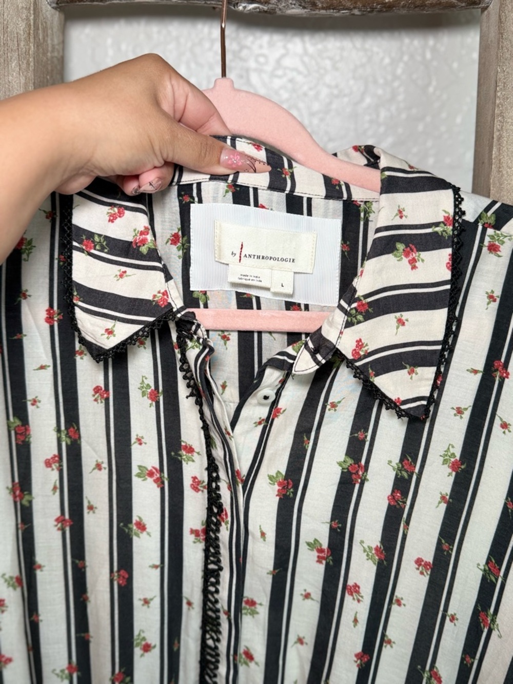 Anthropologie Cream and Black Striped Floral Maxi Shirt Dress - Picture 4 of 9